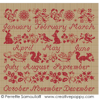 <b>Red sampler calendar</b><br>cross stitch pattern<br>by <b>Perrette Samouiloff</b>