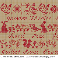 Red sampler calendar - cross stitch pattern - by Perrette Samouiloff (zoom 3)