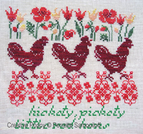 <b>Hickety, Pickety... (three red hens!)</b><br>cross stitch pattern<br>by <b>Perrette Samouiloff</b>