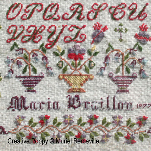 Antique sampler: Maria Braillon 1877 - Reproduction sampler - charted by Muriel Berceville (zoom 3)