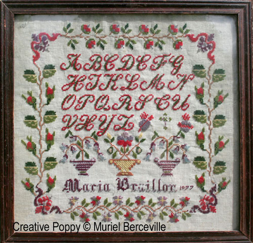 Antique sampler: Maria Braillon 1877 - Reproduction sampler - charted by Muriel Berceville (zoom 4)