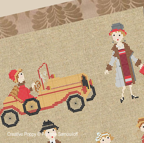 1920's fashion: Lady at the wheel, cross stitch pattern by Perrette Samouiloff (zoom)