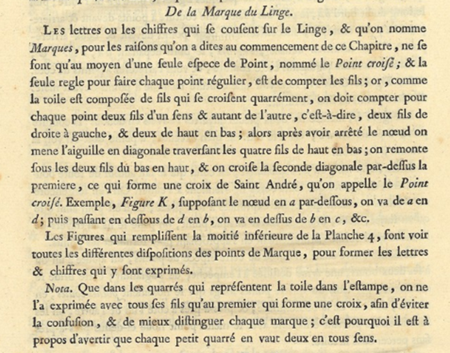 François-Alexandre-Pierre de Garsault, L'art de la lingère - 1771, De la marque du linge, p28