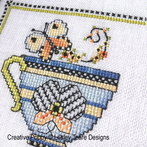 Tea Cup SAL 2021 - Subscription cross stitch pattern by Lesley Teare Designs, January Cup