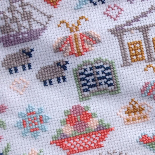 Jaune Austen Sampler cross stitch pattern by Riverdrift House, ship motif
