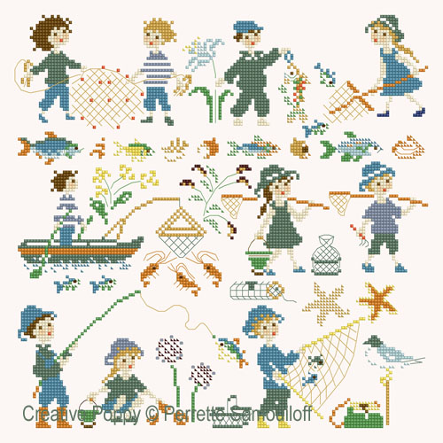 Gone fishing - color version (large pattern) - cross stitch pattern - by Perrette Samouiloff