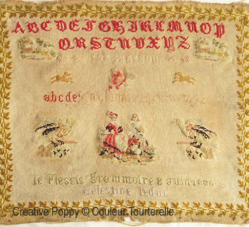 Celestine Leduc 1886 cross stitch reproduction sampler by Couleur Tourterelle