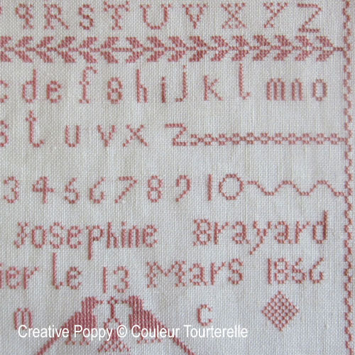 Marie Joséphine Brayard 1856 cross stitch reproduction sampler by Couleur Tourterelle, zoom 1