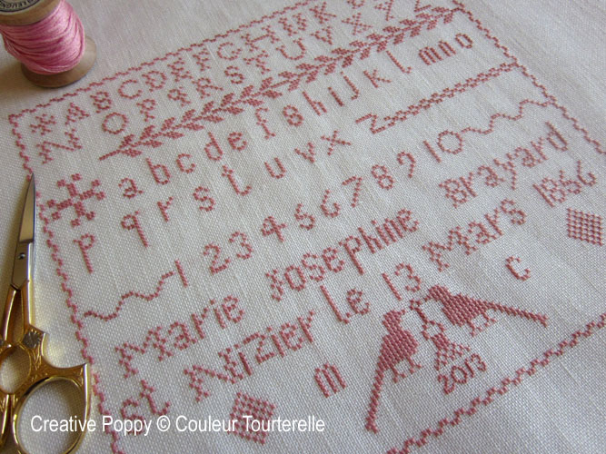 Marie Joséphine Brayard 1856 cross stitch reproduction sampler by Couleur Tourterelle