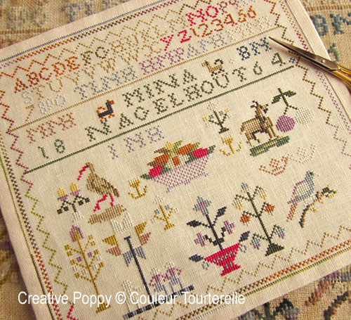 Mina Nagelhout 1864 cross stitch reproduction sampler by Couleur Tourterelle