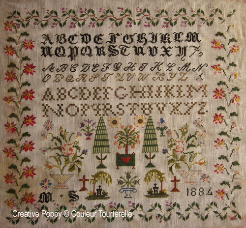 MS 1884 cross stitch reproduction sampler by Couleur Tourterelle, zoom 1