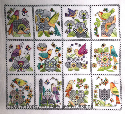 12 Birds and Blackwork Flowers cross stitch pattern by Lesley Teare Designs