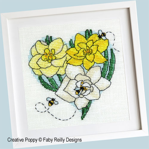 Daffodils and Bees, cross stitch pattern by Faby Reilly