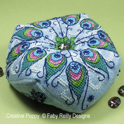 Peacock Biscornu cross stitch pattern by Faby Reilly Designs