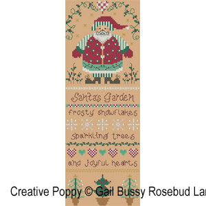<b>Santa's garden</b><br>cross stitch pattern<br>by <b>Gail Bussi - Rosebud Lane</b>