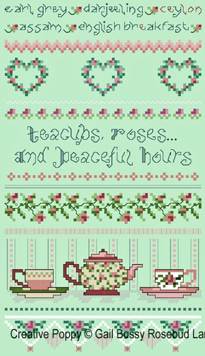 <b>Tea cups and Roses</b><br>cross stitch pattern<br>by <b>Gail Bussi - Rosebud Lane</b>