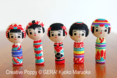 GERA! by Kyoko Maruoka - 5 Kokeshi dolls zoom 1 (cross stitch chart)