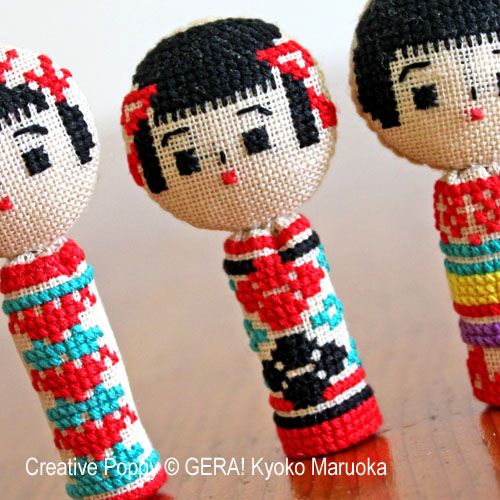 GERA! by Kyoko Maruoka - 5 Kokeshi dolls zoom 2 (cross stitch chart)