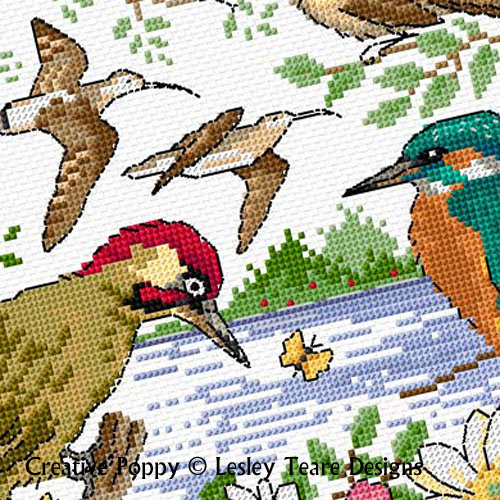 Birds in summer cross stitch pattern by Lesley Teare Designs