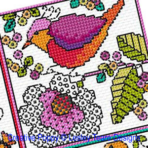 Blackwork flowers with Birds cross stitch pattern by Lesley Teare Designs, zoom 1