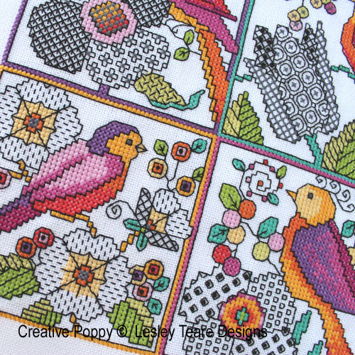 Lesley Teare Designs - Blackwork Flowers with birds zoom 4 (cross stitch chart)