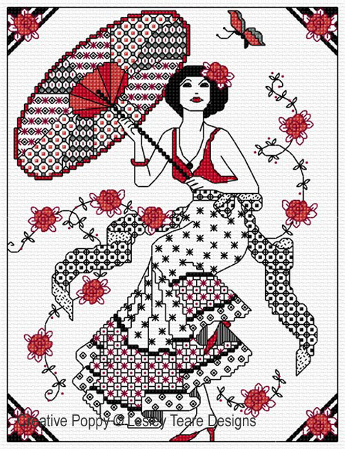 Lesley Teare Designs - Blackwork Lady with Parasol zoom 4 (cross stitch chart)