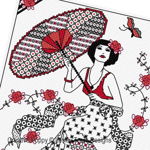 Lesley Teare Designs - Blackwork Lady with Parasol zoom 2 (cross stitch chart)