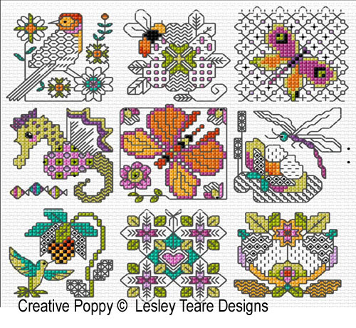 30 mini motifs - Blackwork & Color cross stitch pattern by Lesley Teare Designs, zoom 1