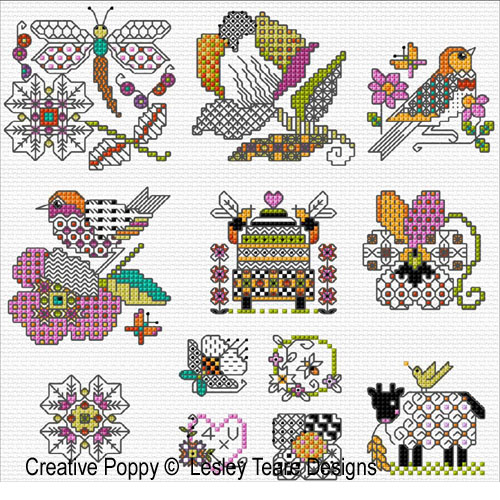 30 mini-motifs - Blackwork&Color, cross stitch pattern by Lesley Teare Designs (zoom)
