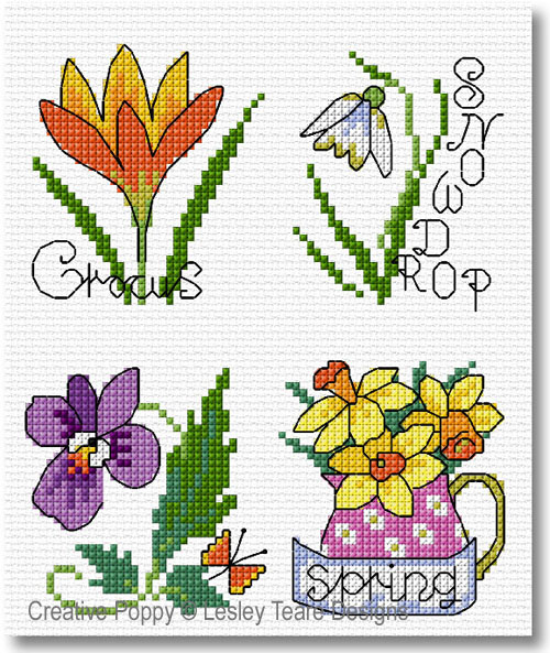 Lesley Teare Designs - 30 Spring Flower motifs zoom 2 (cross stitch chart)