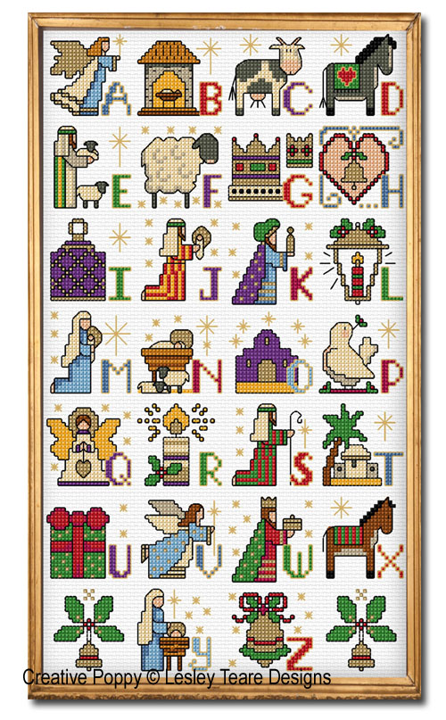 <b>ABC Nativity Sampler</b><br>cross stitch pattern<br>by <b>Lesley Teare Designs</b>