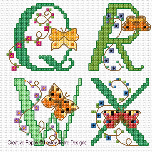 Lesley Teare Designs : Alphabet British Butterflies (counted cross stitch pattern)(zoom)