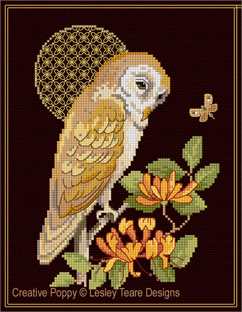 Barn Owl with decorative Moon cross stitch pattern by Lesley Teare Designs