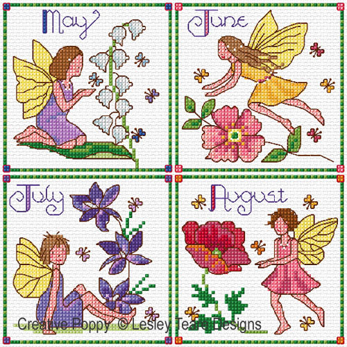 Monthly Birthday Fairies - May to August cross stitch pattern by Lesley Teare Designs