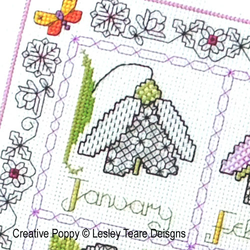 Blackwork Flower Calendar Sampler cross stitch pattern by Lesley Teare Designs, zoom 1