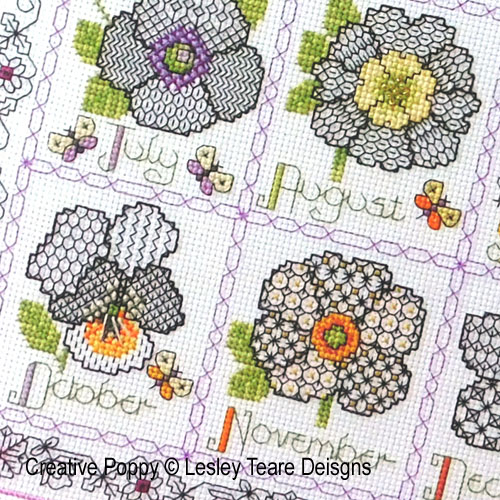 Blackwork flower calendar, cross stitch pattern by Lesley Teare Designs (zoom)