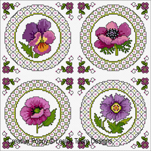 <b>Blackwork with Flowers</b><br>cross stitch pattern<br>by <b>Lesley Teare Designs</b>