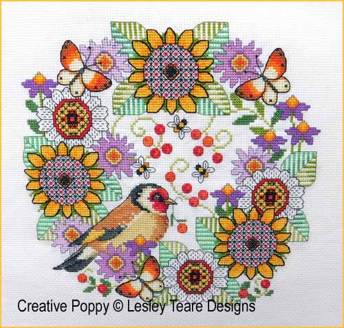 Blackwork Flowers with Goldfinch, cross stitch pattern by Lesley Teare Designs