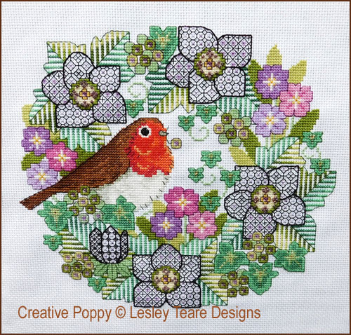 Blackwork Flowers with Robin cross stitch pattern by Lesley Teare Designs