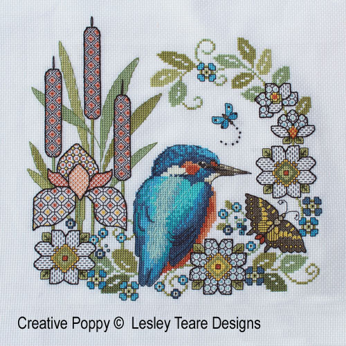 Blackwork Iris and Kingfisher, cross stitch pattern by Lesley Teare Designs