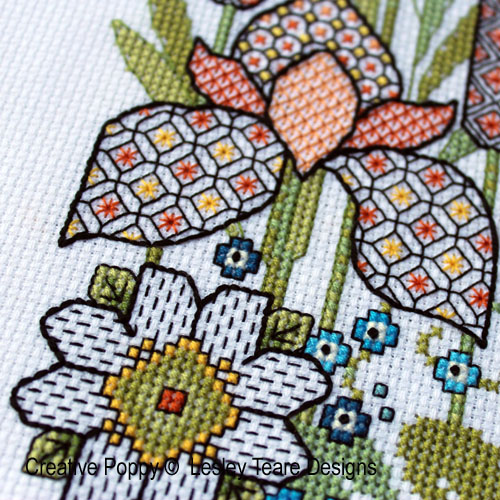 Blackwork Iris & Kingfisher cross stitch pattern by Lesley Teare Designs, zoom 1