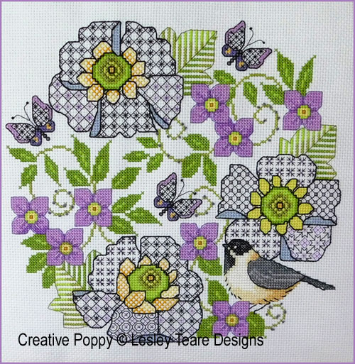 Lesley Teare Designs - Blackwork Scabious and Chickadee zoom 4