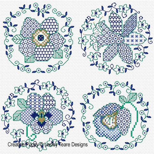 <b>Blackwork Spring Flowers</b><br>cross stitch pattern<br>by <b>Lesley Teare Designs</b>