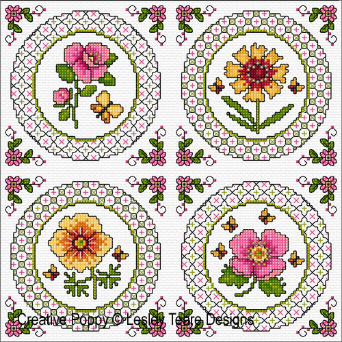 <b>Blackwork with Summer Flowers</b><br>cross stitch pattern<br>by <b>Lesley Teare Designs</b>