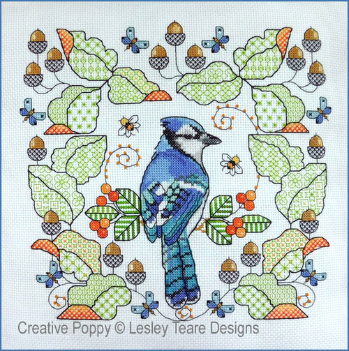 Blue Jay amongst Oak leaves, cross stitch pattern by Lesley Teare Designs