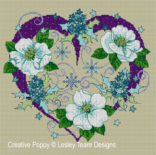<b>Christmas Heart and Flowers</b><br>cross stitch pattern<br>by <b>Lesley Teare Designs</b>