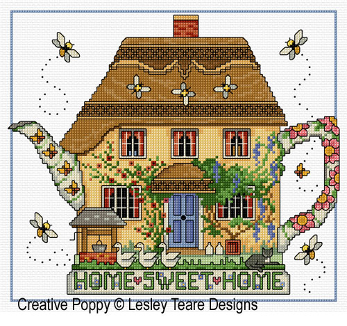 Cottage Teapot cross stitch pattern by Lesley Teare designs