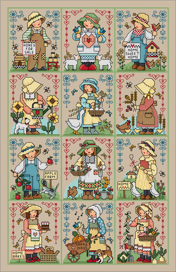 Country Folk Sampler, cross stitch pattern, by Lesley Teare