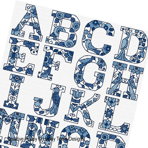 Lesley Teare Designs - Delft Blue alphabet, zoom 1 (Cross stitch chart)