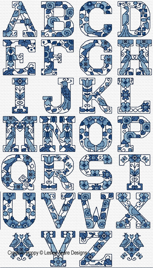 Delft Blue Alphabet, cross stitch pattern, by Lesley Teare